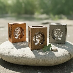 Tree Of Life LANTERN CANDLE HOLDER, Wood Tealight Holder, Flameless Candles, Tree Of Life, Tree Of Life Wooden Tealight Latern Candle Holder shown in an AI-generated listing photo