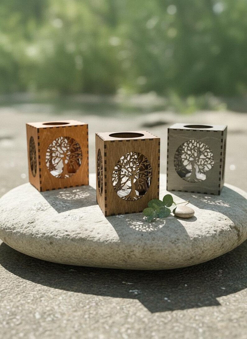 Tree Of Life LANTERN CANDLE HOLDER, Wood Tealight Holder, Flameless Candles, Tree Of Life, Tree Of Life Wooden Tealight Latern Candle Holder shown in an AI-generated listing photo