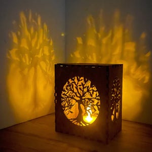 Tree Of Life Holder, Wood Tealight Lantern with Battery Candle image 4