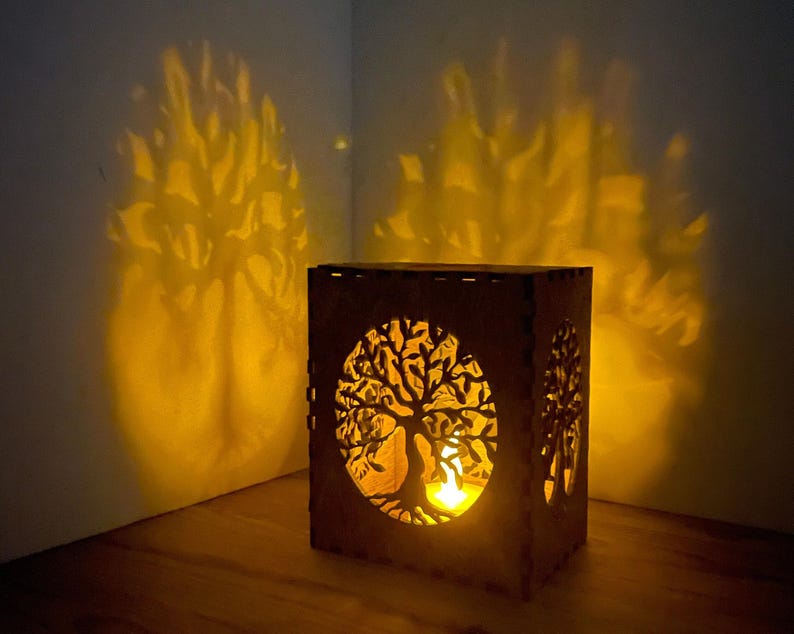 Tree Of Life Holder, Wood Tealight Lantern with Battery Candle image 4