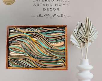 Arte mural 3D Flow, Mandala de 7 capas, Arte de olas coloridas, Arte de madera cortado con láser, Arte de la naturaleza, Decoración moderna