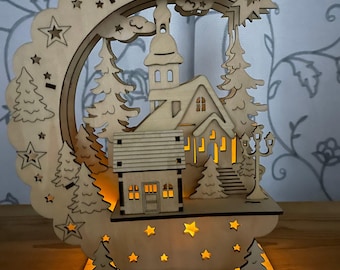 Wooden Christmas Decoration, LED Light Christmas Scene, 3 Layer Christmas House Decorations, Christmas Village Scene, Christmas Decor Gift