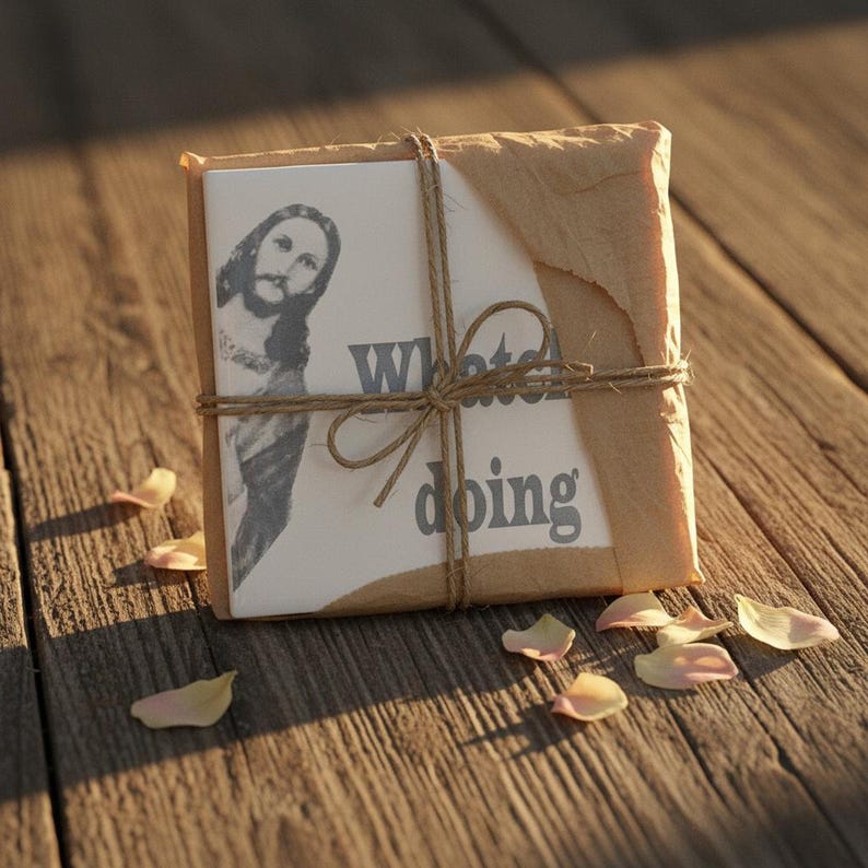 Funny Jesus Tile | Ceramic Jesus Saying Tile with "Whatcha Doing" | Religious Humor Gift | Catholic Christian Home Decor | Divine Comedy shown in an AI-generated listing photo