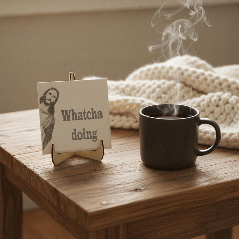 Funny Jesus Tile | Ceramic Jesus Saying Tile with "Whatcha Doing" | Religious Humor Gift | Catholic Christian Home Decor | Divine Comedy shown in an AI-generated listing photo