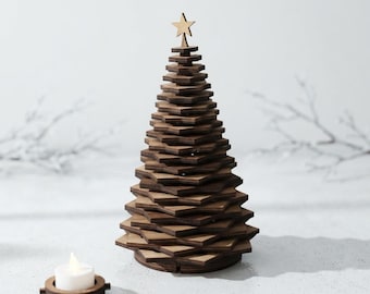 Árbol de Navidad de madera con farolillos, estrella navideña rústica de varios niveles