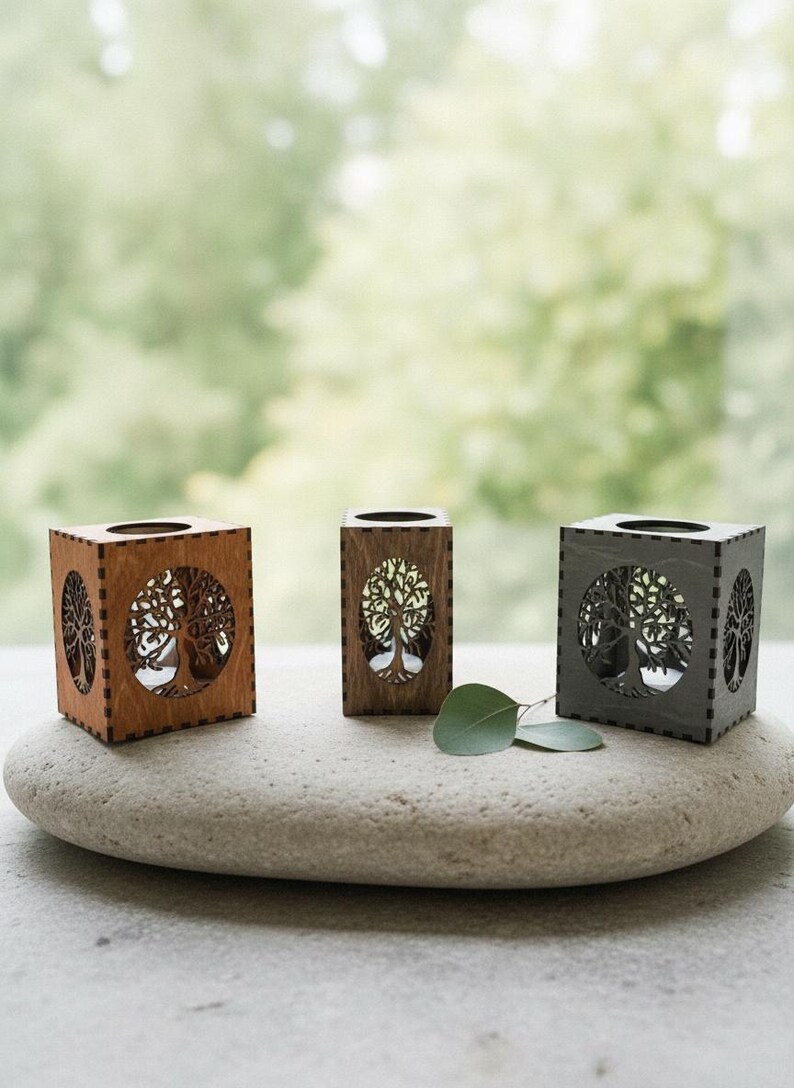 Tree Of Life LANTERN CANDLE HOLDER, Wood Tealight Holder, Flameless Candles, Tree Of Life, Tree Of Life Wooden Tealight Latern Candle Holder shown in an AI-generated listing photo