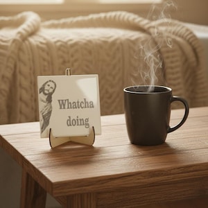 Funny Jesus Tile | Ceramic Jesus Saying Tile with "Whatcha Doing" | Religious Humor Gift | Catholic Christian Home Decor | Divine Comedy shown in an AI-generated listing photo