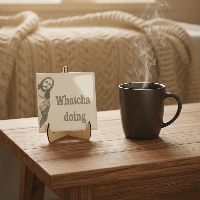 Funny Jesus Tile | Ceramic Jesus Saying Tile with "Whatcha Doing" | Religious Humor Gift | Catholic Christian Home Decor | Divine Comedy shown in an AI-generated listing photo