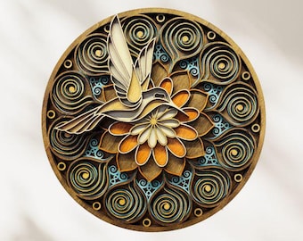 May include: A layered wooden wall art piece featuring a hummingbird in flight over a stylized flower. The artwork is circular, with intricate patterns in shades of brown, gold, orange, and teal. The hummingbird is detailed with layered wings and body.