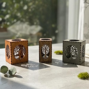 Tree Of Life LANTERN CANDLE HOLDER, Wood Tealight Holder, Flameless Candles, Tree Of Life, Tree Of Life Wooden Tealight Latern Candle Holder shown in an AI-generated listing photo