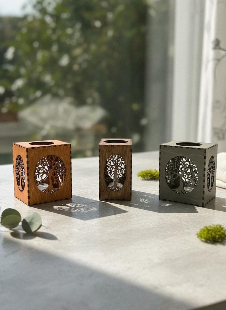 Tree Of Life LANTERN CANDLE HOLDER, Wood Tealight Holder, Flameless Candles, Tree Of Life, Tree Of Life Wooden Tealight Latern Candle Holder shown in an AI-generated listing photo