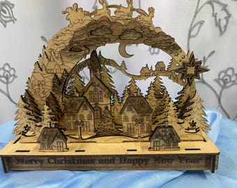 Christmas Scene – New Year Scene – Wooden Christmas Decor with Tea Light – Christmas Village Scene – Winter Scene – Christmas Ornaments Gift