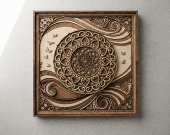 Mandala floral intrincado, mandala de 6 capas, mandala de madera enmarcado, decoración de pared zen, arte de pájaros en vuelo, adorno de pared bohemio, arte de pared de madera