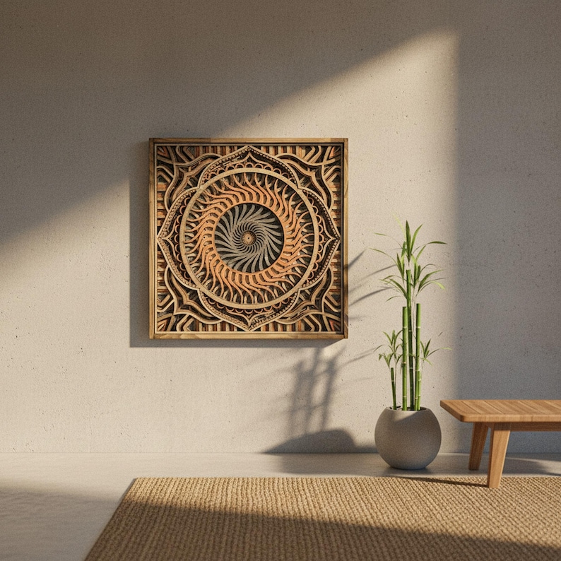 Mandala Wood Wall Art  7 Layered Framed Mandala Laser Cut Home Décor Yoga, Spiritual and Meditation Décor Geometric wall art 3D Wall art shown in an AI-generated listing photo