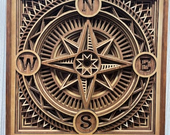 Kompas kunst aan de muur – 9 lagen kompas-mandala – lasergesneden kompas – kompas muurdecoratie – houten ingelijst kompas – kompas woondecoratie cadeau-idee