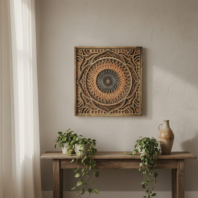 Mandala Wood Wall Art  7 Layered Framed Mandala Laser Cut Home Décor Yoga, Spiritual and Meditation Décor Geometric wall art 3D Wall art shown in an AI-generated listing photo