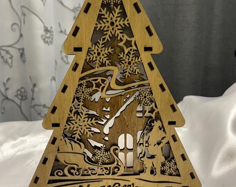 Standing Christmas Tree – Wood Christmas Tree Decor – Christmas Tea Light Holder – Xmas Festive Tree – Winter Santa Scene – Christmas Decor