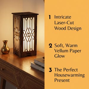 May include: A rectangular wooden lamp with an intricate laser-cut geometric pattern and a warm vellum paper glow. The text reads: 3 REASONS TO GIFT THIS ART DECO LAMP: 1 Intricate Laser-Cut Wood Design 2 Soft, Warm Vellum Paper Glow 3 The Perfect Housewarming Present.