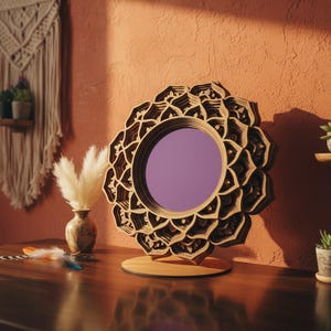 WOODEN MANDALA MIRROR - Boho Mirror - Decorative Round Mirror - Macramé Mirror -  Mandala Art Mirror - Wall Hanging Mirror – New Home Gift shown in an AI-generated listing photo