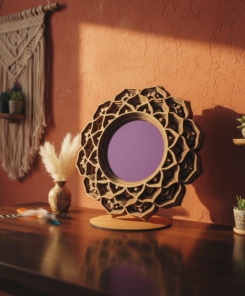 WOODEN MANDALA MIRROR - Boho Mirror - Decorative Round Mirror - Macramé Mirror -  Mandala Art Mirror - Wall Hanging Mirror – New Home Gift shown in an AI-generated listing photo