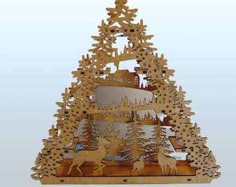 WOODEN CHRISTMAS SCENE  Triangle Christmas Tree Winter Landscape Scene  Laser Cut Village Scene  Light Up Christmas Decor Festive Tree