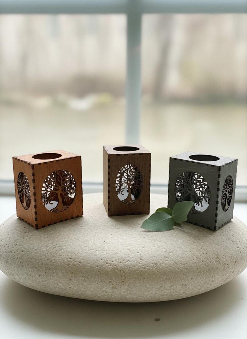 Tree Of Life LANTERN CANDLE HOLDER, Wood Tealight Holder, Flameless Candles, Tree Of Life, Tree Of Life Wooden Tealight Latern Candle Holder shown in an AI-generated listing photo
