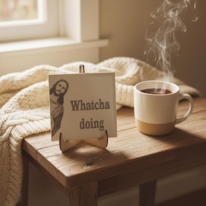 Funny Jesus Tile | Ceramic Jesus Saying Tile with "Whatcha Doing" | Religious Humor Gift | Catholic Christian Home Decor | Divine Comedy shown in an AI-generated listing photo