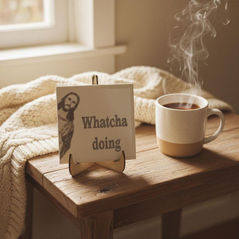 Funny Jesus Tile | Ceramic Jesus Saying Tile with "Whatcha Doing" | Religious Humor Gift | Catholic Christian Home Decor | Divine Comedy shown in an AI-generated listing photo