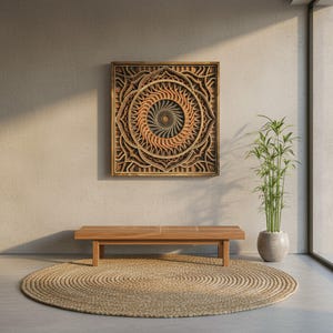 Mandala Wood Wall Art  7 Layered Framed Mandala Laser Cut Home Décor Yoga, Spiritual and Meditation Décor Geometric wall art 3D Wall art shown in an AI-generated listing photo