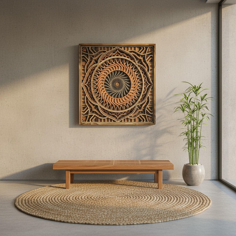 Mandala Wood Wall Art  7 Layered Framed Mandala Laser Cut Home Décor Yoga, Spiritual and Meditation Décor Geometric wall art 3D Wall art shown in an AI-generated listing photo