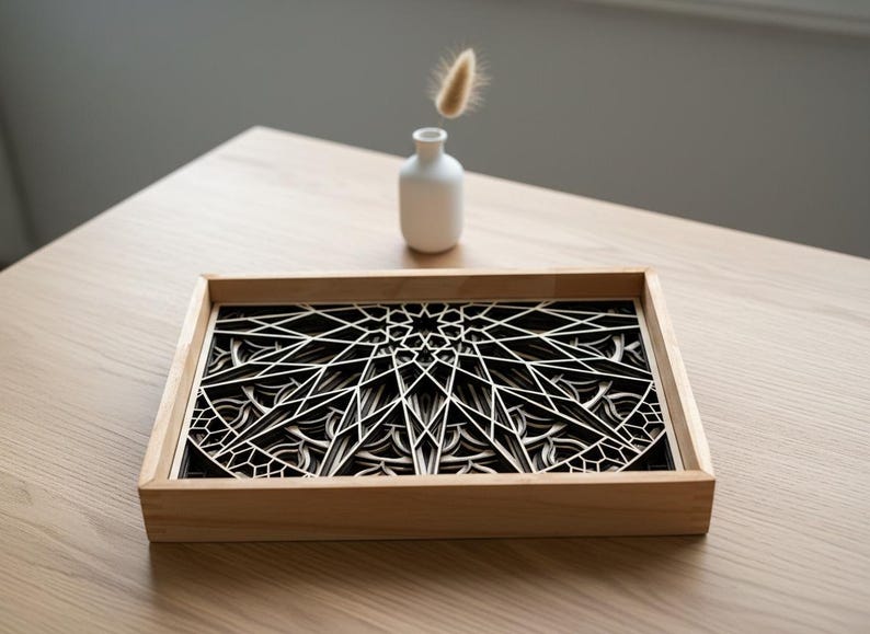 MANDALA WALL ART – Seven layer Frame Wall Art – Wood Mandala Art – Spiritual Wall Decor – Laser Cut Wooden Mandala – Mandala Wall Hanging shown in an AI-generated listing photo