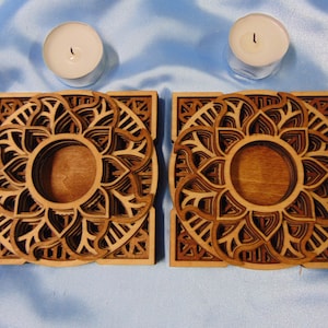 Wood Engraved Six-Layered Mandala Tea Light Candle Holder, Wooden Floral Candle Holder, Boho Candle Stand, Pair with Two Flameless Candles