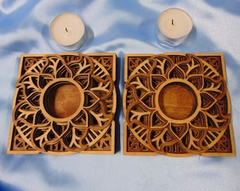 Wood Engraved Six-Layered Mandala Tea Light Candle Holder, Wooden Floral Candle Holder, Boho Candle Stand, Pair with Two Flameless Candles