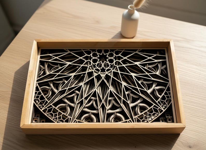 MANDALA WALL ART – Seven layer Frame Wall Art – Wood Mandala Art – Spiritual Wall Decor – Laser Cut Wooden Mandala – Mandala Wall Hanging shown in an AI-generated listing photo