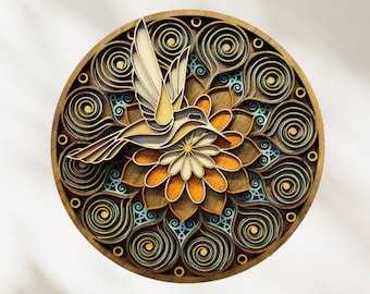 Wandkunst mit fliegendem Kolibri, mehrschichtige geometrische Skulptur, 3D-Holzschnitzerei, florales Mandala-Wandbild, rund und filigran