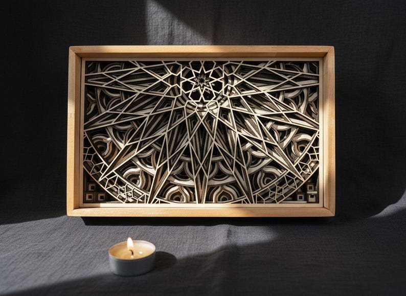 MANDALA WALL ART – Seven layer Frame Wall Art – Wood Mandala Art – Spiritual Wall Decor – Laser Cut Wooden Mandala – Mandala Wall Hanging shown in an AI-generated listing photo