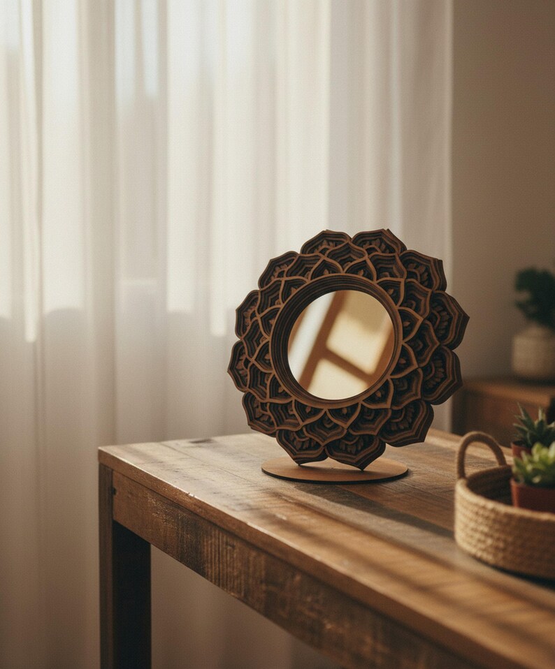 WOODEN MANDALA MIRROR - Boho Mirror - Decorative Round Mirror - Macramé Mirror -  Mandala Art Mirror - Wall Hanging Mirror – New Home Gift shown in an AI-generated listing photo
