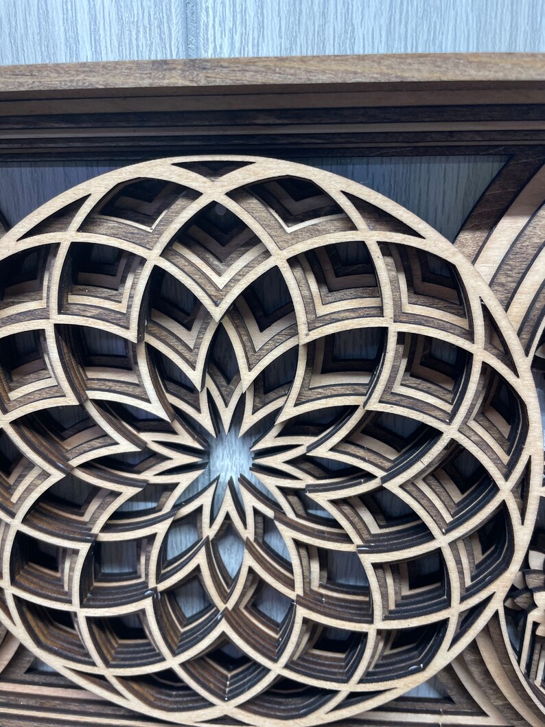 Puede incluir: Una obra de arte de madera en capas con un dise&ntilde;o floral geom&eacute;trico. La pieza est&aacute; hecha de madera marr&oacute;n clara y oscura, creando un efecto 3D. El intrincado dise&ntilde;o est&aacute; enmarcado en un marco rectangular. Adecuado para la decoraci&oacute;n de paredes.
