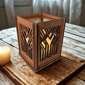 Houten kandelaar voor theelichtje, votief en roemloos, art deco nachtlampje, geometrische houten schaduwlamp, plank decor objecten tafel middelpunt
