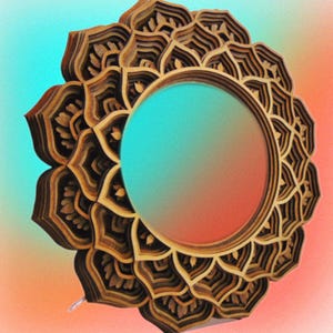 A layered wooden mandala mirror angled against a colorful gradient background of teal and orange.