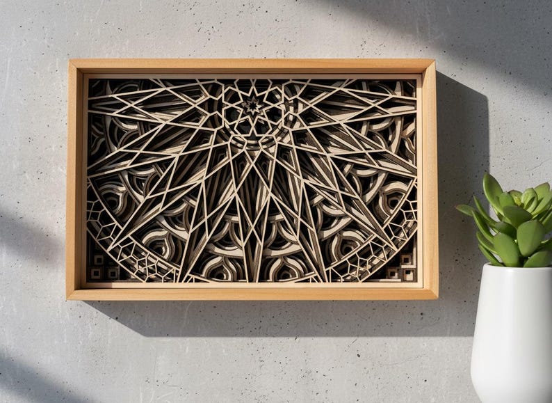 MANDALA WALL ART – Seven layer Frame Wall Art – Wood Mandala Art – Spiritual Wall Decor – Laser Cut Wooden Mandala – Mandala Wall Hanging shown in an AI-generated listing photo