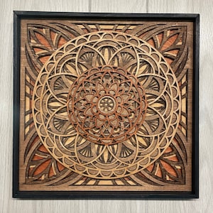 Mandala Wall Art.  Layered Mandala Lasered home décor.  Seven layered framed Mandala.  Wood wall art. Geometric wall art. 3D Wall art.