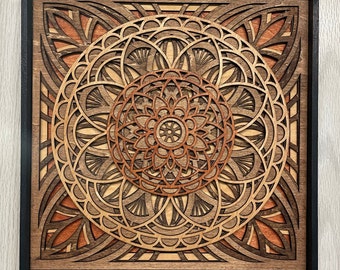 Mandala Wall Art.  Layered Mandala Lasered home décor.  Seven layered framed Mandala.  Wood wall art. Geometric wall art. 3D Wall art.