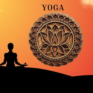 A layered wooden lotus mandala with light and dark wood tones is centered on an orange and brown gradient background with a black silhouette of a person meditating and the word "YOGA."