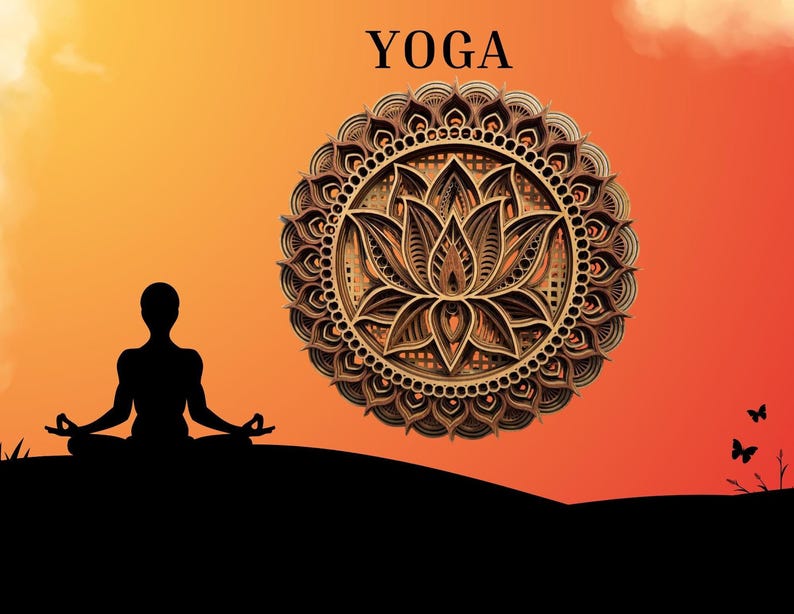 A layered wooden lotus mandala with light and dark wood tones is centered on an orange and brown gradient background with a black silhouette of a person meditating and the word "YOGA."