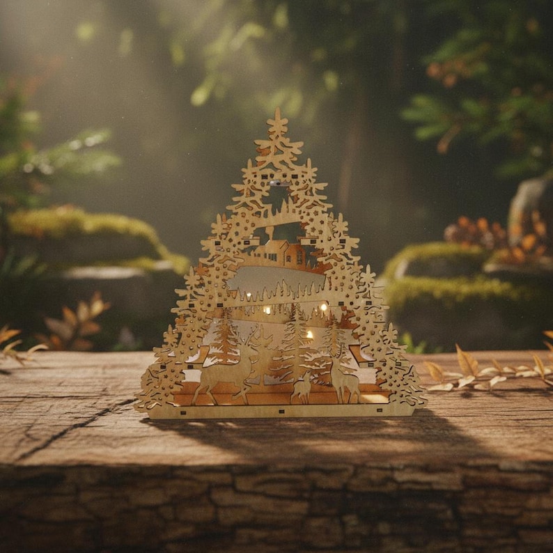 Wooden Christmas Table Top Layered Winter Landscape Scene | Laser-Cut Living Room Decor Holiday Festive | LED Tealights Reindeer Decor Gift shown in an AI-generated listing photo