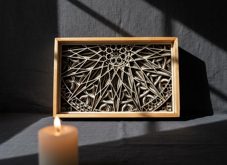 MANDALA WALL ART – Seven layer Frame Wall Art – Wood Mandala Art – Spiritual Wall Decor – Laser Cut Wooden Mandala – Mandala Wall Hanging shown in an AI-generated listing photo