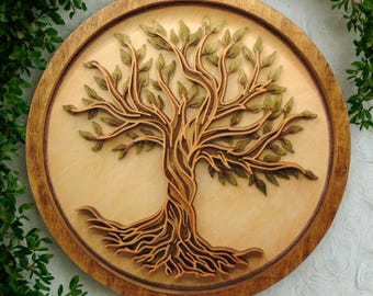 Cuadro decorativo de pared con diseño del Árbol de la Vida en madera laminada, decoración circular teñida para espacios espirituales.