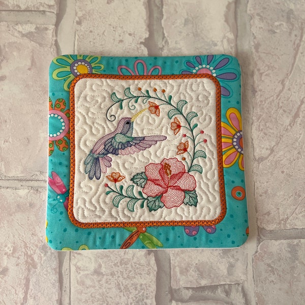 Large  Mug Rug, Embroidered Mug Rug, Snack Mat, Candle Mat, Hostess Gift, Quilted Mug Rug, Coffee Mat, Spring Home, Home Decor, Quilted Mat