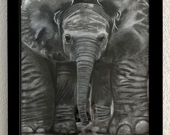 Baby Elephant — Original Charcoal Drawing | Framed Wildlife Artwork (21 x 27 in)